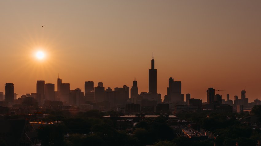 Buildings as smoke from Canada wildfires creates haze in Chicago, Illinois, US, on Thursday, June 8, 2023. The US Northeast will continue to breathe in choking smoke from fires across eastern Canada for the next few days, raising health alarms across impacted areas. Photographer: Jamie Kelter Davis/Bloomberg via Getty Images
